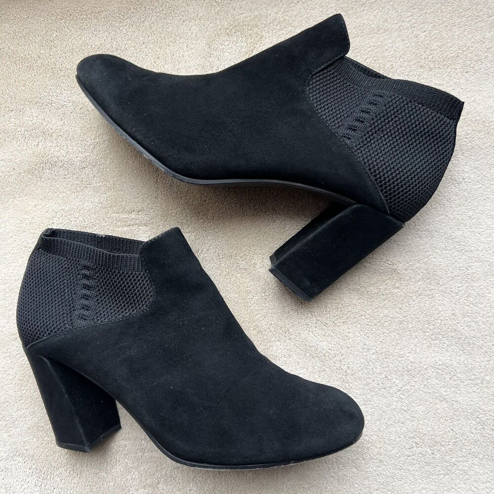 Eileen Fisher Marcy Black Suede Ankle Bootie Stretch Knit Minimalist Women's 8
